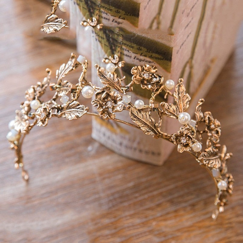 Vintage Baroque Golden Pearl Leaf Tiara